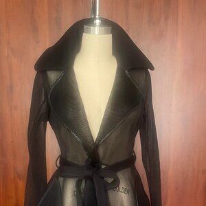 Sheer Mesh Overlay Coat with Lapel Collar and Belt